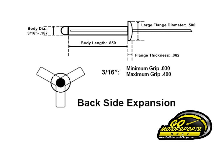 3/16 Aluminum Rivets, Tri - Fold (Exploding) - Black - White - Chevron Blue - GO Motorsports Shop