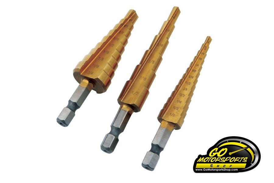 Drill Bit Step Kit, 3/16 to 1/2 in, 1/4 to 3/4 in, 1/8 to 1/2 in, 1/4 in Hex Shank - GO Motorsports Shop